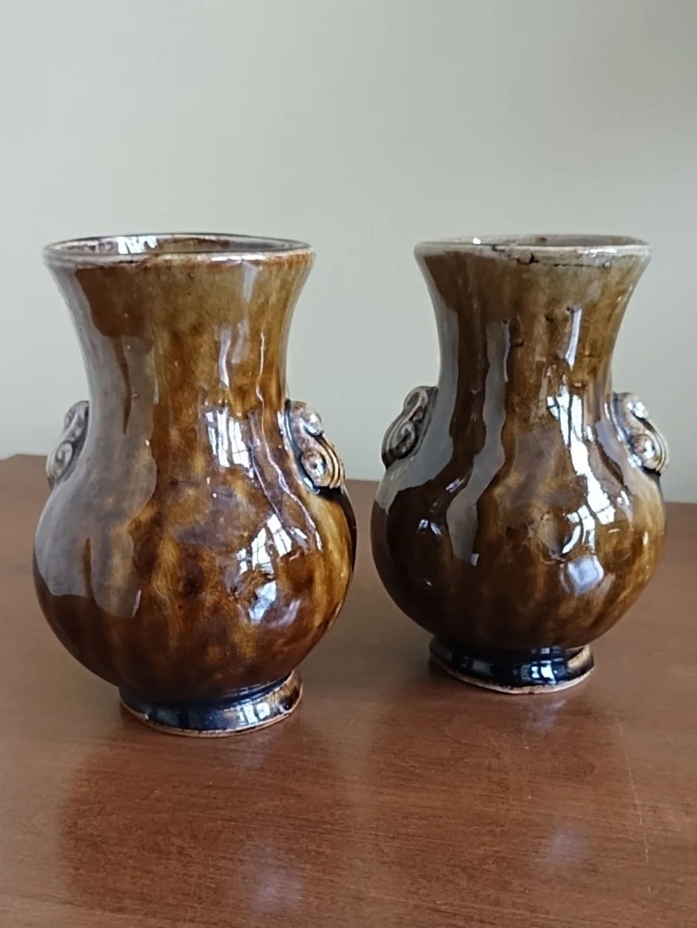 Vintage Japanese Banko Ware Ceramic Vases Torii Gate Mountain Pair 5.5